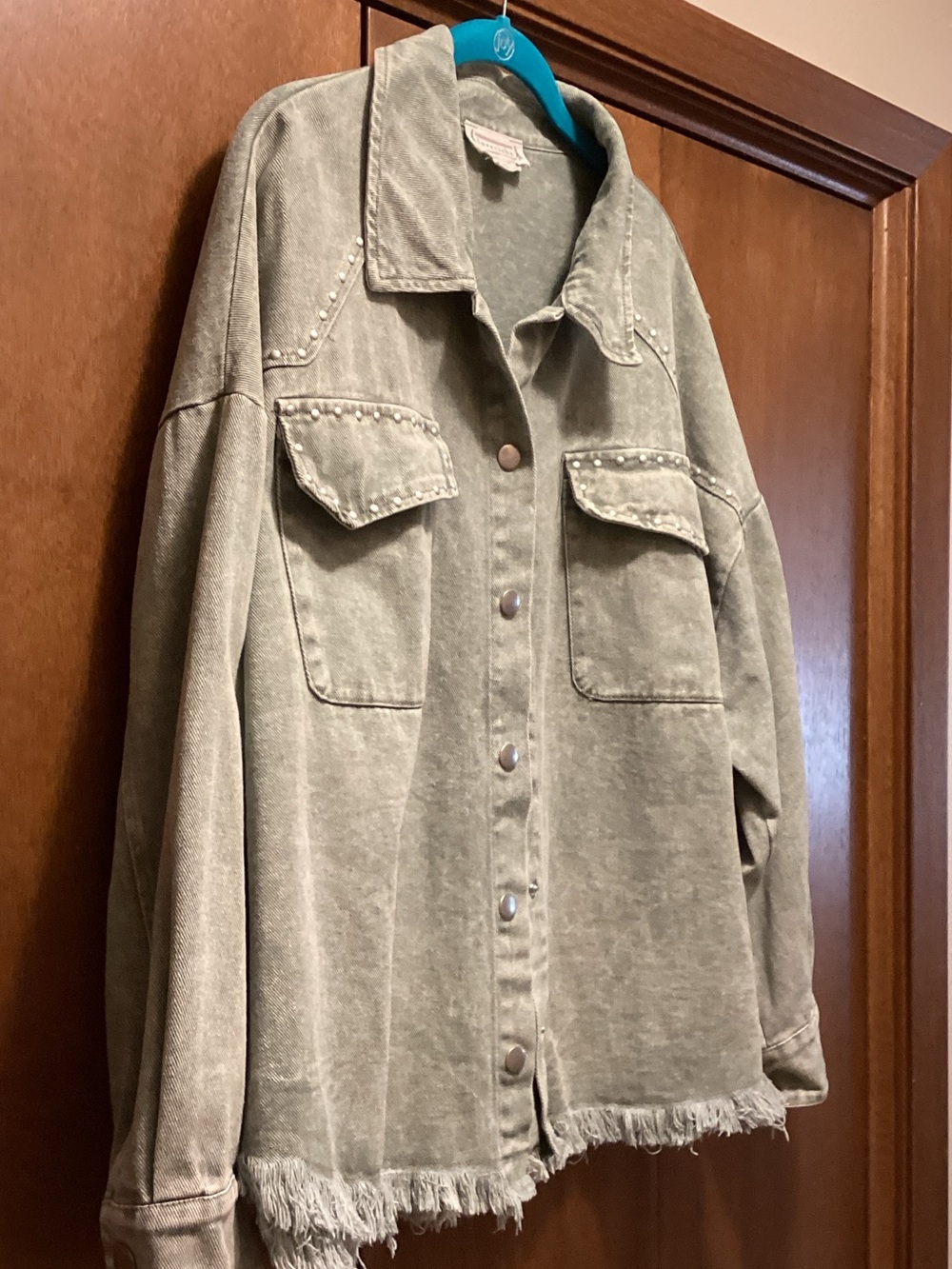 Love Riche Sage Green Washed Denim Jacket with Fringe Hem size 1X